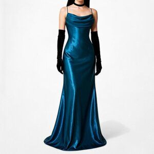 Vintage Y2K Blue Satin Babydoll Fit Flared Maxi Cocktail Prom Dress Size M